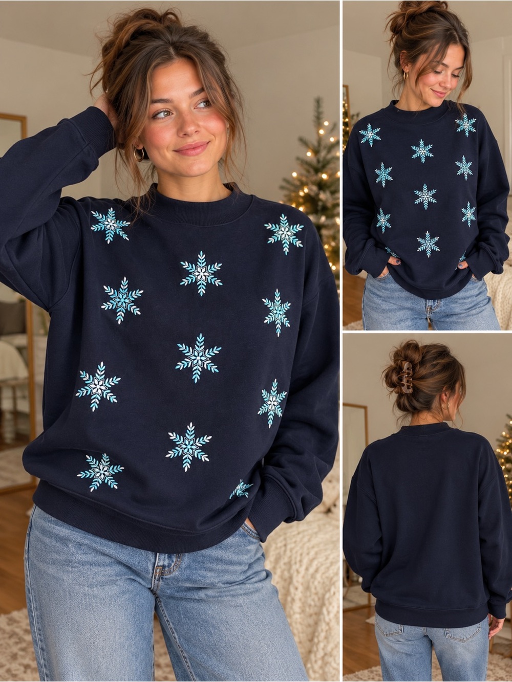 Talbots Embroidered Snowflake Mockneck Sweatshirt Size S Navy